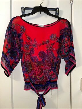 Cache Red Paisley Tie-Front Blouse with Multicolor Accents